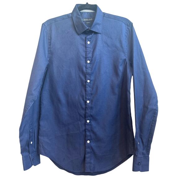 Zara Man Slim fit Dark Blue Collar Button Down Cotton Blend - Picture 1 of 7